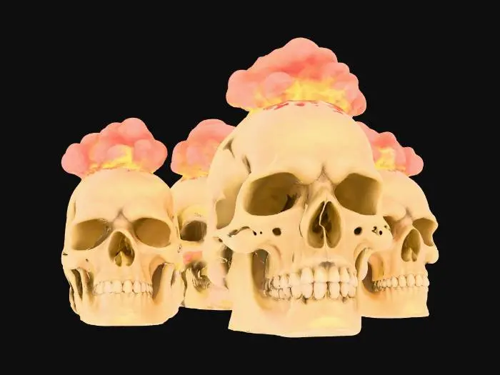 3D model for Three skulls Twisting Circular making a Bio Hazard Symbol with their jaw use hot looking red's orange's yellows. and put a mushroom cloud on their forehead