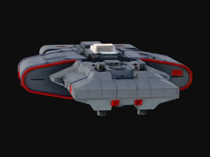 3D model for an enormous, blocky transport vessel that looks more like a mobile space station than a ship. The hull is massive rectangular structure with rounded edges, painted in dark grey with red accent lines. Eight colossal engine arrays provide thrust