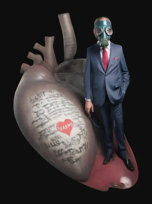3D model for Man in a 3 piece business suit wearing a gas mask, standing on a heart, with the words "Just until I Can Afford to Be Happy" written on it.