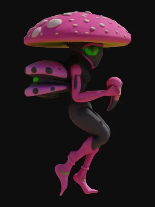 3D model for Mushroom humanoid  Morphing into a spaceship, with flamingo pink jet black and lime green 