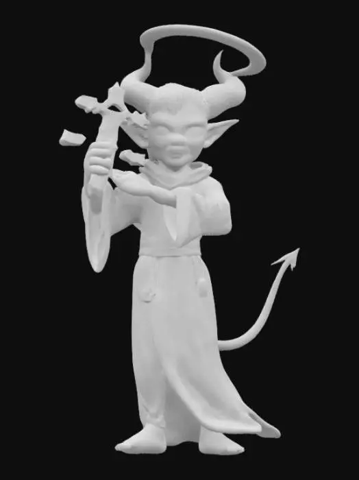3D model for Deamon Priest halfling, tossing halo to the ground holding a crucifix. 