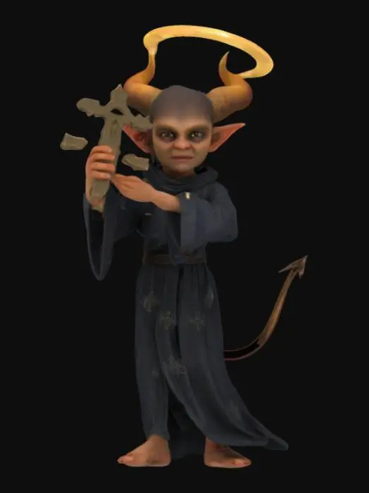 3D model for Deamon Priest halfling, tossing halo to the ground holding a crucifix. 