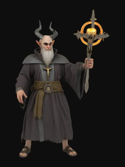 3D model for Deamon Priest halfling, tossing halo to the ground holding a crucifix. 