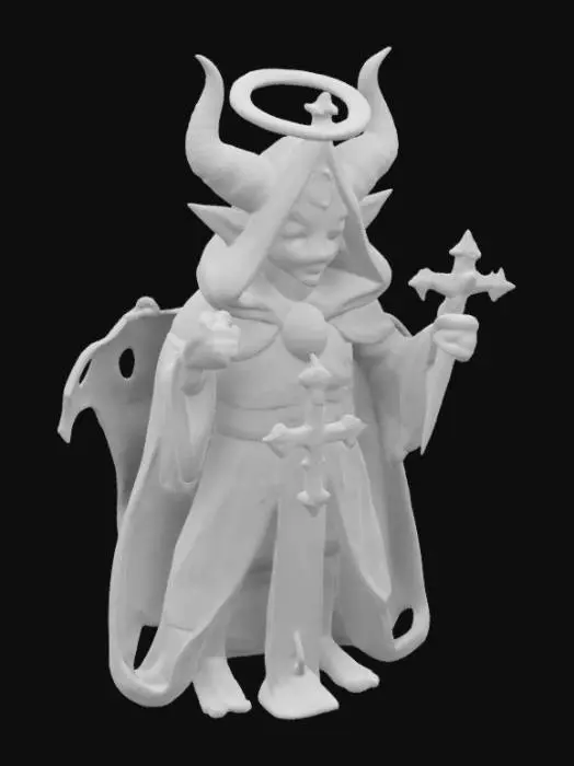 3D model for Deamon Priest halfling, tossing halo to the ground holding a crucifix. 