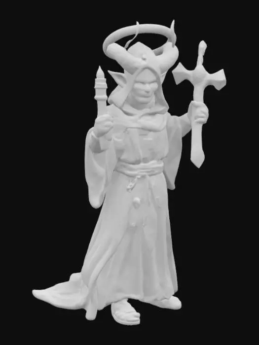 3D model for Deamon Priest halfling, tossing halo to the ground holding a crucifix. 