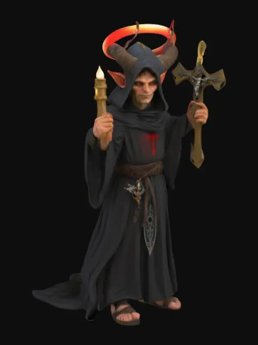 3D model for Deamon Priest halfling, tossing halo to the ground holding a crucifix. 
