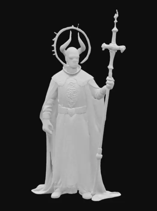 3D model for Deamon Priest halfling, tossing halo to the ground holding a crucifix. 