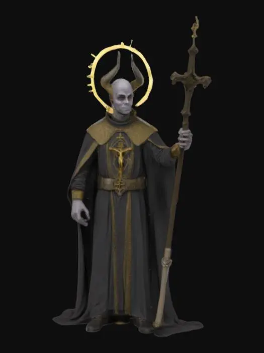 3D model for Deamon Priest halfling, tossing halo to the ground holding a crucifix. 