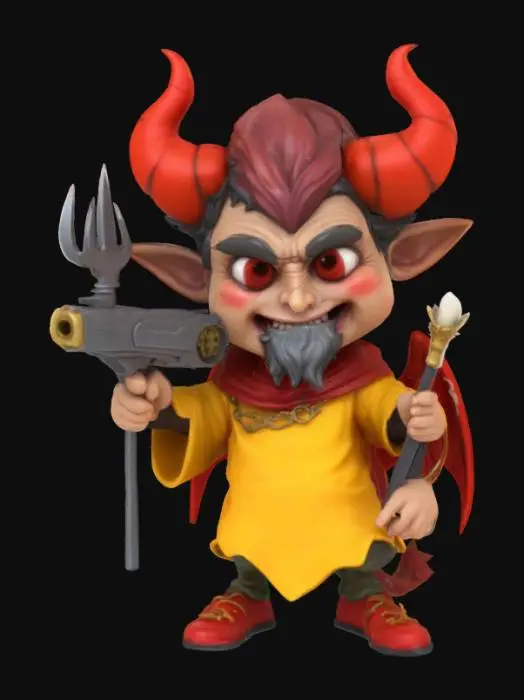 3D model for Chibi Satan with Pitchfork Pistol launcher on his back, playing rock paper scissors with Saint Peter at the gates of heaven