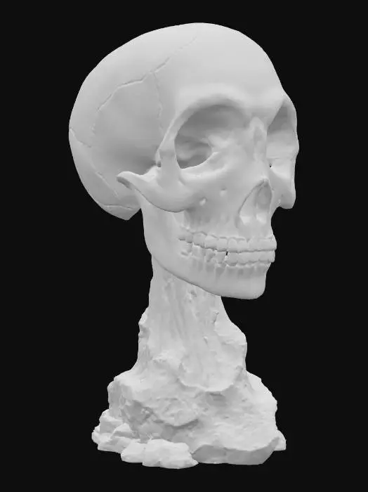 3D model for Levitating Skull that is Melting out of the Cap of a Mushroom, Heavy black and neon green influenced colors with multi colored hues creating rings around the skull