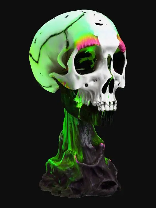 3D model for Levitating Skull that is Melting out of the Cap of a Mushroom, Heavy black and neon green influenced colors with multi colored hues creating rings around the skull