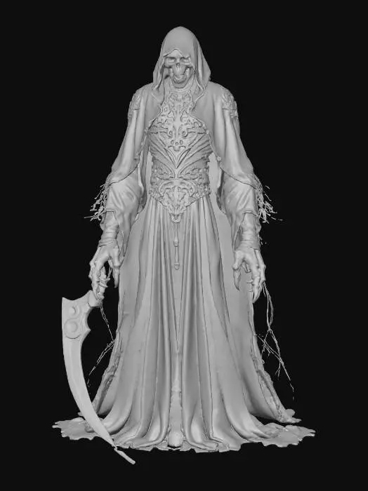 3D model for Wraith humanoid, large scythe for arm's glowing vivid neon colors, [End Boss fight], [Boss fight], [Videogame], [Villain].