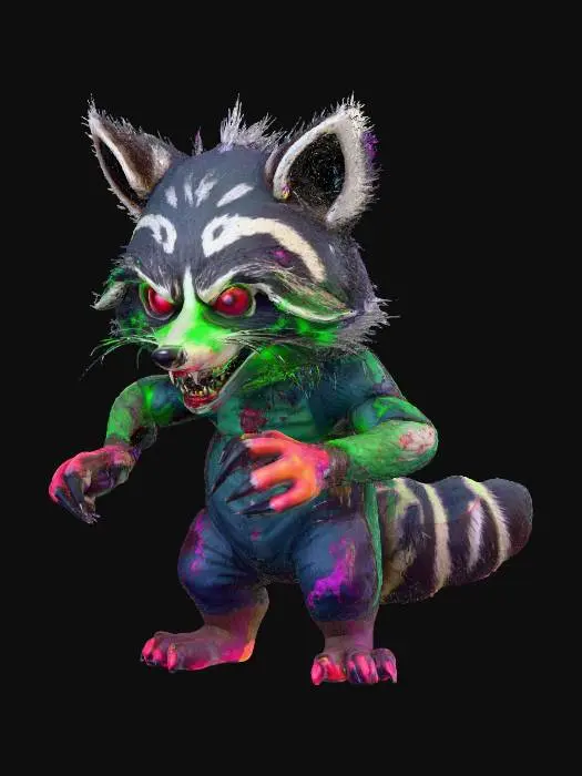 3D model for Zombie Raccoon humanoid, glowing hand's, vivid neon colors, [End Boss Fight], [Boss Fight], [Videogame], [Villain], [Challenge Submission].