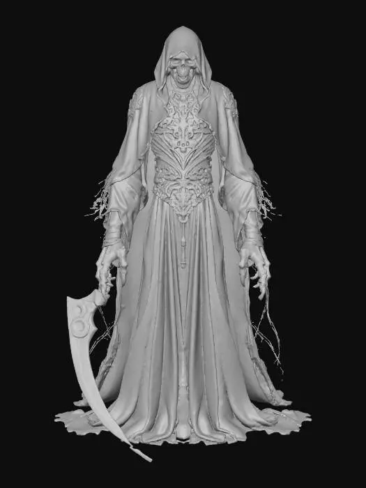 3D model for Wraith humanoid, large scythe for arm's glowing vivid neon colors, [End Boss fight], [Boss fight], [Videogame], [Villain].