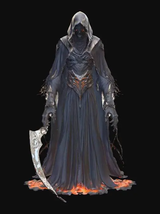 3D model for Wraith humanoid, large scythe for arm's glowing vivid neon colors, [End Boss fight], [Boss fight], [Videogame], [Villain].