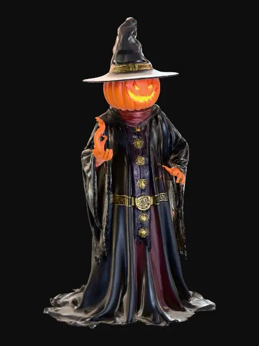 3D model for Wicked Sorcerer, Nightmare-Dream, Illusion, Oversized pumpkin for a head, grinning.