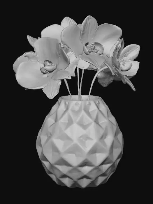 3D model for ornate hyperbolic Glass vase with three orchids that are rainbow colored sticking out of it.