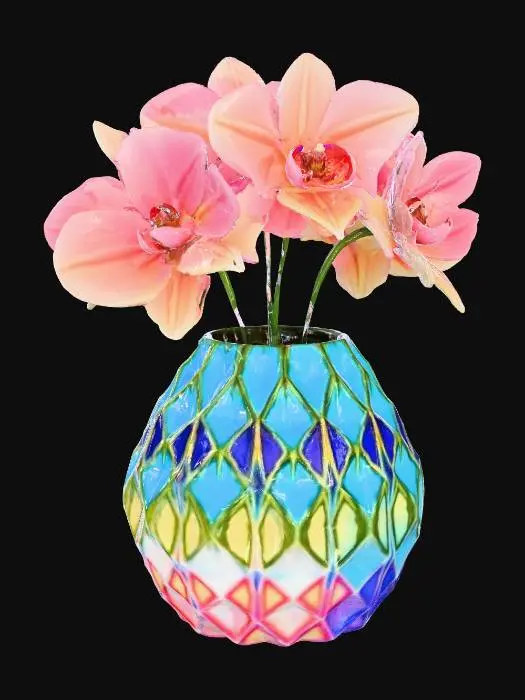 3D model for ornate hyperbolic Glass vase with three orchids that are rainbow colored sticking out of it.