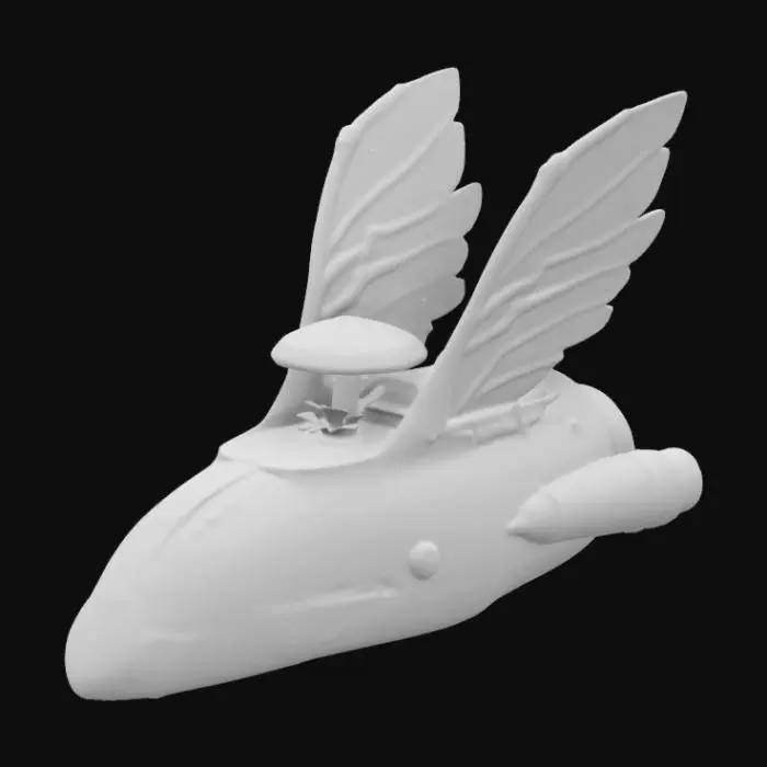 3D model for Large [Space[Ship]] Sprouting a Mushroom on the deck, with [Large [Wings]] coming off the bottom of the hull, Astrophysics Theme for [Ship] sides, Heavy Color use of Flamingo Pink, Lime Green, and Jet Black.