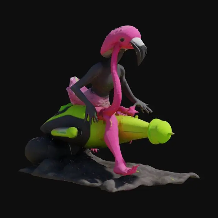 3D model for Mushroom humanoid  Morphing into a spaceship, with flamingo pink jet black and lime green 