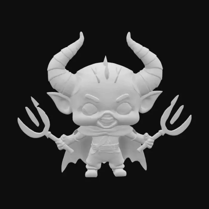 3D model for Chibi Satan with Pitchfork Pistol launcher on his back, playing rock paper scissors with Saint Peter at the gates of heaven