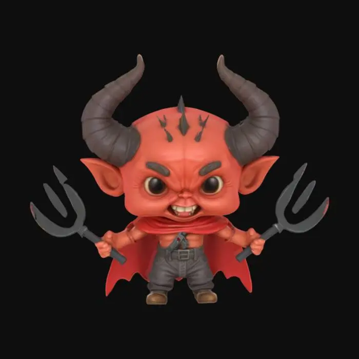 3D model for Chibi Satan with Pitchfork Pistol launcher on his back, playing rock paper scissors with Saint Peter at the gates of heaven