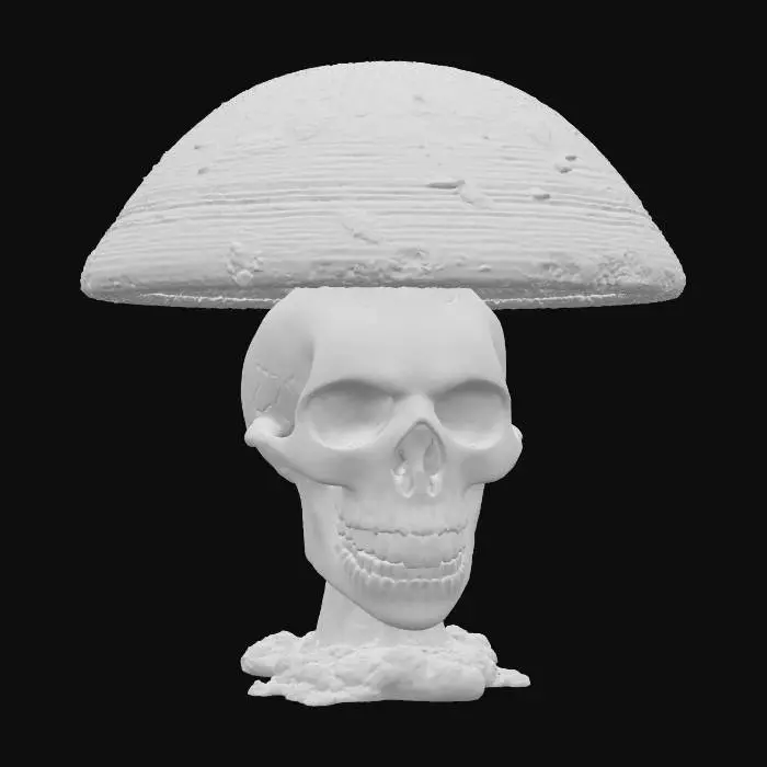 3D model for Levitating Skull that is Melting out of the Cap of a Mushroom, Heavy black and neon green influenced colors with multi colored hues creating rings around the skull