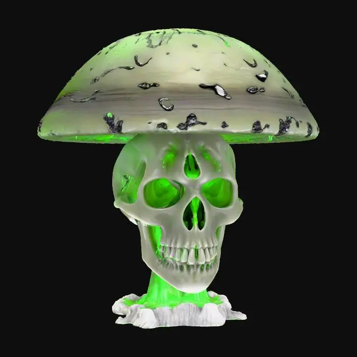 3D model for Levitating Skull that is Melting out of the Cap of a Mushroom, Heavy black and neon green influenced colors with multi colored hues creating rings around the skull