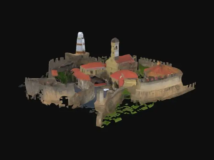 3D model for #AroundTheWorld#, [Sri Lanka] Generate a detailed 3D model of Galle Fort. Show the blended Portuguese, Dutch, and British colonial architecture. Include the stone ramparts, Galle Lighthouse, Dutch Reformed Church, narrow streets with colonial buildings, and the clock tower. Add textures for the stone walls and roofing. Capture the historical and architectural significance of this UNESCO World Heritage Site. Show the ocean surrounding the fort for context.