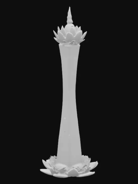 3D model for #AroundTheWorld#, Generate a highly detailed 3D model of the Lotus Tower in Colombo, Sri Lanka, capturing its iconic lotus flower design. The tower base should be meticulously modeled as a lotus throne, transitioning seamlessly into the upward structure, culminating in a flower-shaped top. The model must accurately represent the tower's impressive 351.5-meter height. Include intricate details such as the integrated RGB lighting system, enabling the tower to dynamically change color. The surrounding environment should be rendered with precision, including the expansive Beira Lake and the Colombo city skyline. The model should be built for optimal 3D rendering capabilities, allowing for smooth manipulation and exploration of various perspectives and lighting scenarios.