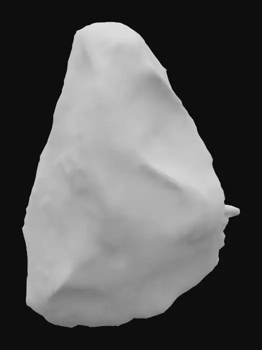 3D model for A rough, irregular stone, primarily composed of a granular mineral matrix. Its surface displays a varied texture, ranging from smooth, water-worn patches to jagged, sharp edges and crevices. The color is a muted gray, with hints of earthy browns and subtle greenish moss clinging to some depressions. Its overall shape is amorphous, a heavy, solid mass, cool and hard to the touch, with small embedded flecks of crystalline material.