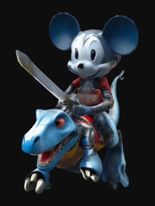 3D model for 12 year old boy that has mickey ears and a long sword with a train for handle and tracks for blade. He rides a robot dino