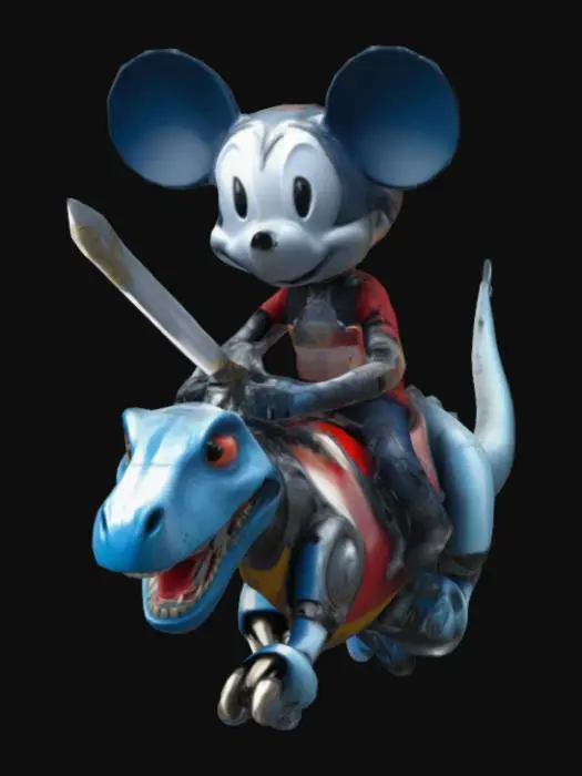 3D model for 12 year old boy that has mickey ears and a long sword with a train for handle and tracks for blade. He rides a robot dino