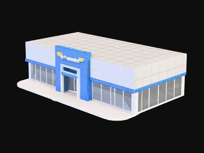 3D model for "Low-poly Chevrolet car dealership, modern design with large glass windows, flat roof, Chevrolet logo on the front, parking lot with 2 or 3 cars, game-ready model, suitable for Roblox driving simulator, clean geometry, optimized for performance."