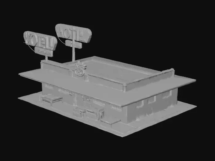 3D model for Abandoned desert roadside motel, Route 99 style. Long one-floor building with 6 rooms, broken windows, faded paint, rusty metal, sand buildup in corners, cracked walls, old neon sign reading “MOTEL 99” with missing letters. American desert style, low poly, optimized for game environment, soft sun lighting, empty parking lot, abandoned chairs and debris.