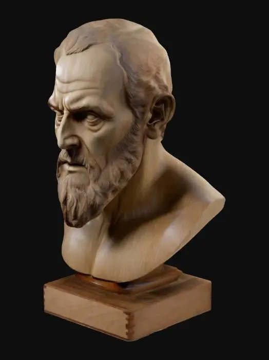 3D model for A SOLID WOOD bust of damien the anti-christ done in an old-fashioned style. Smooth wood, no blemishes, no repeats., NO GLASSES, Gentle, Wood, unpainted, no cracks, perfect symmetry, Bust, Bust, Bust