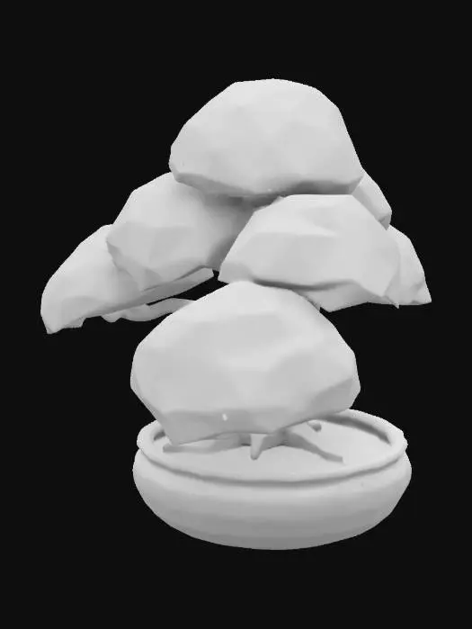 3D model for low poly bonsai tree, Smooth wood, no blemishes, no repeats, Gentle, Wood, light brown, no cracks, perfect symmetry, sparse leaves, lush leaves, simple but beautiful 