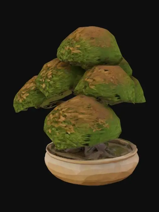3D model for low poly bonsai tree, Smooth wood, no blemishes, no repeats, Gentle, Wood, light brown, no cracks, perfect symmetry, sparse leaves, lush leaves, simple but beautiful 