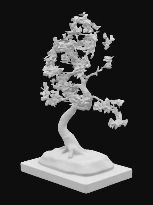 3D model for low poly bonsai tree, Smooth wood, no blemishes, no repeats, Gentle, Wood, light brown, no cracks, perfect symmetry, sparse leaves, lush leaves, simple but beautiful 