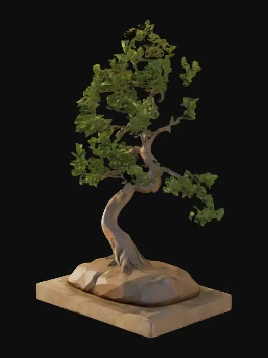 3D model for low poly bonsai tree, Smooth wood, no blemishes, no repeats, Gentle, Wood, light brown, no cracks, perfect symmetry, sparse leaves, lush leaves, simple but beautiful 