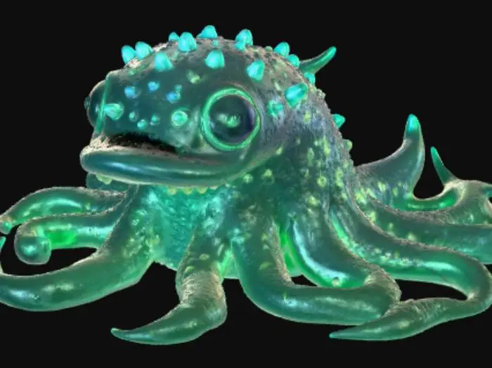 3D model for Bioluminescent chemical monster, surrounded by bioluminescent hazardous barrels.