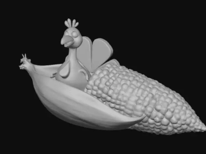 3D model for Corncob half peeled with a cartoon turkey inside, #Thanksgiving#