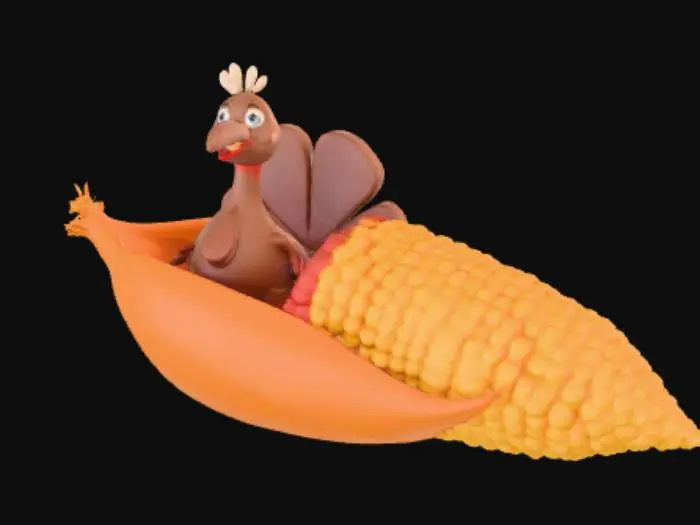 3D model for Corncob half peeled with a cartoon turkey inside, #Thanksgiving#