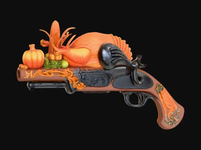 3D model for High detail, #Thanksgiving# style weapon, with cooked turkey design.