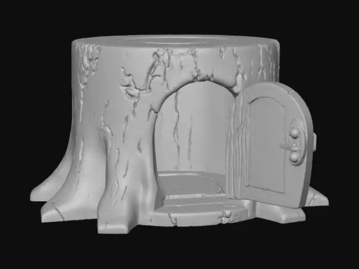 3D model for Open doored per enclosure, designed like a fantasy wooden stump.