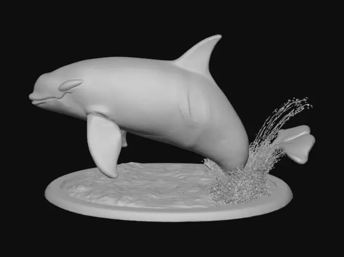 3D model for High detail, Orca coming out of the water, tabletop decoration, with detailed splashing water, connected to a wooden base.