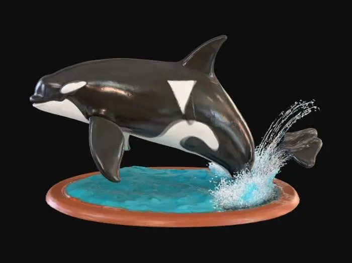 3D model for High detail, Orca coming out of the water, tabletop decoration, with detailed splashing water, connected to a wooden base.