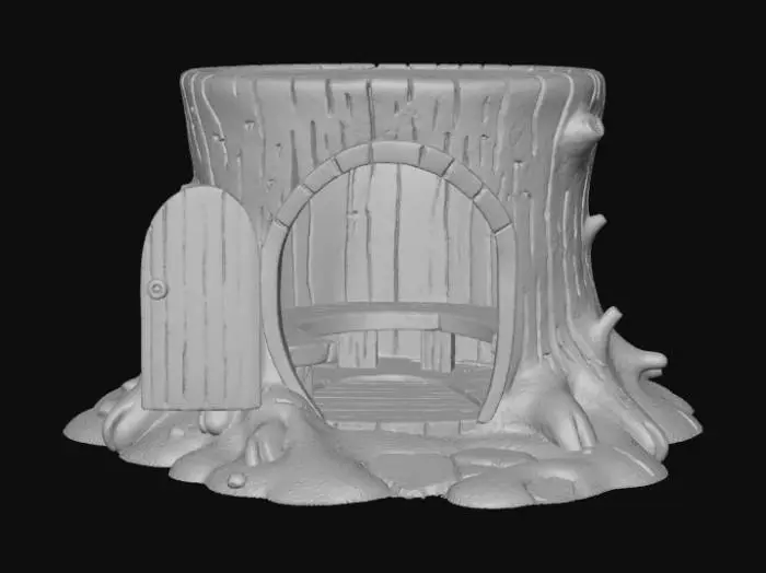 3D model for Open doored per enclosure, designed like a fantasy wooden stump.