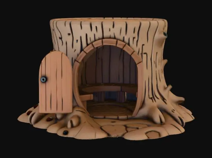 3D model for Open doored per enclosure, designed like a fantasy wooden stump.