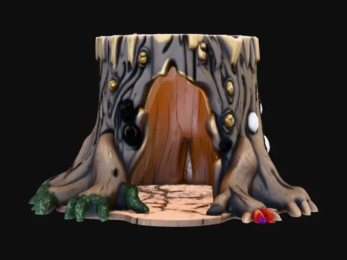 3D model for Open doored per enclosure, large hollow interior, designed like a fantasy wooden stump, #Christmas2025#